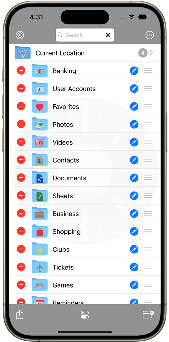 Screen showing list of folders in edit mode.