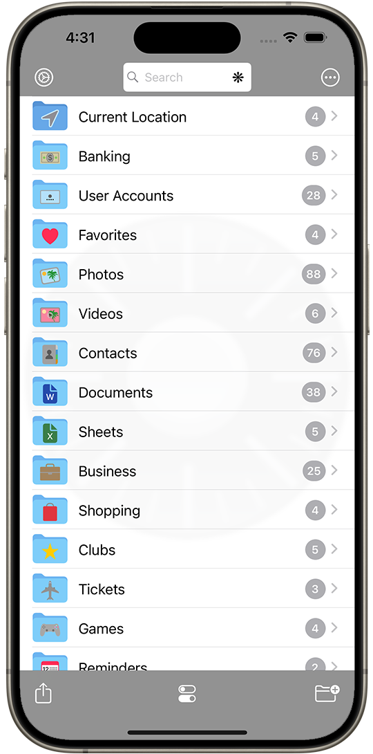 Screen showing list of folders.