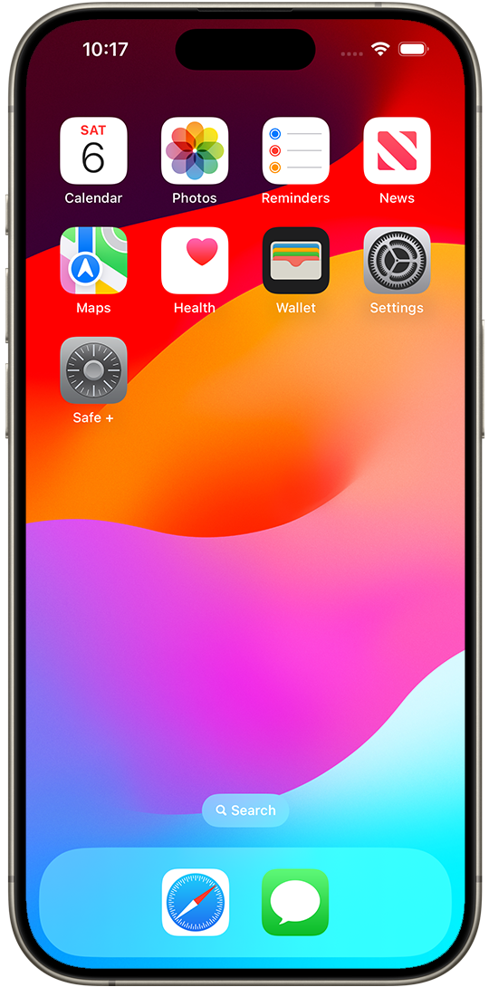 The iPhone home screen with Safe +.