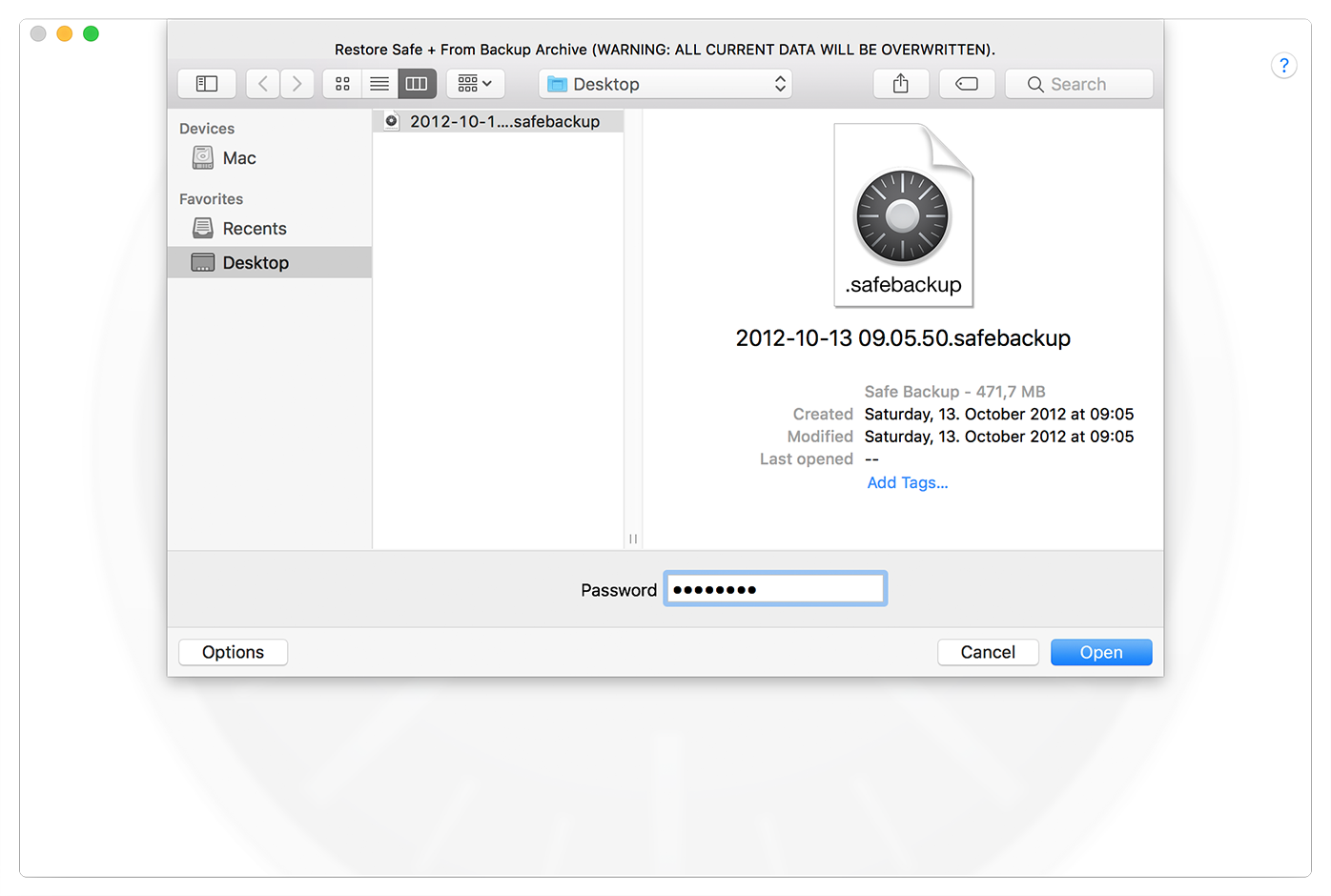 Safe + for Mac Restoring a Backup.