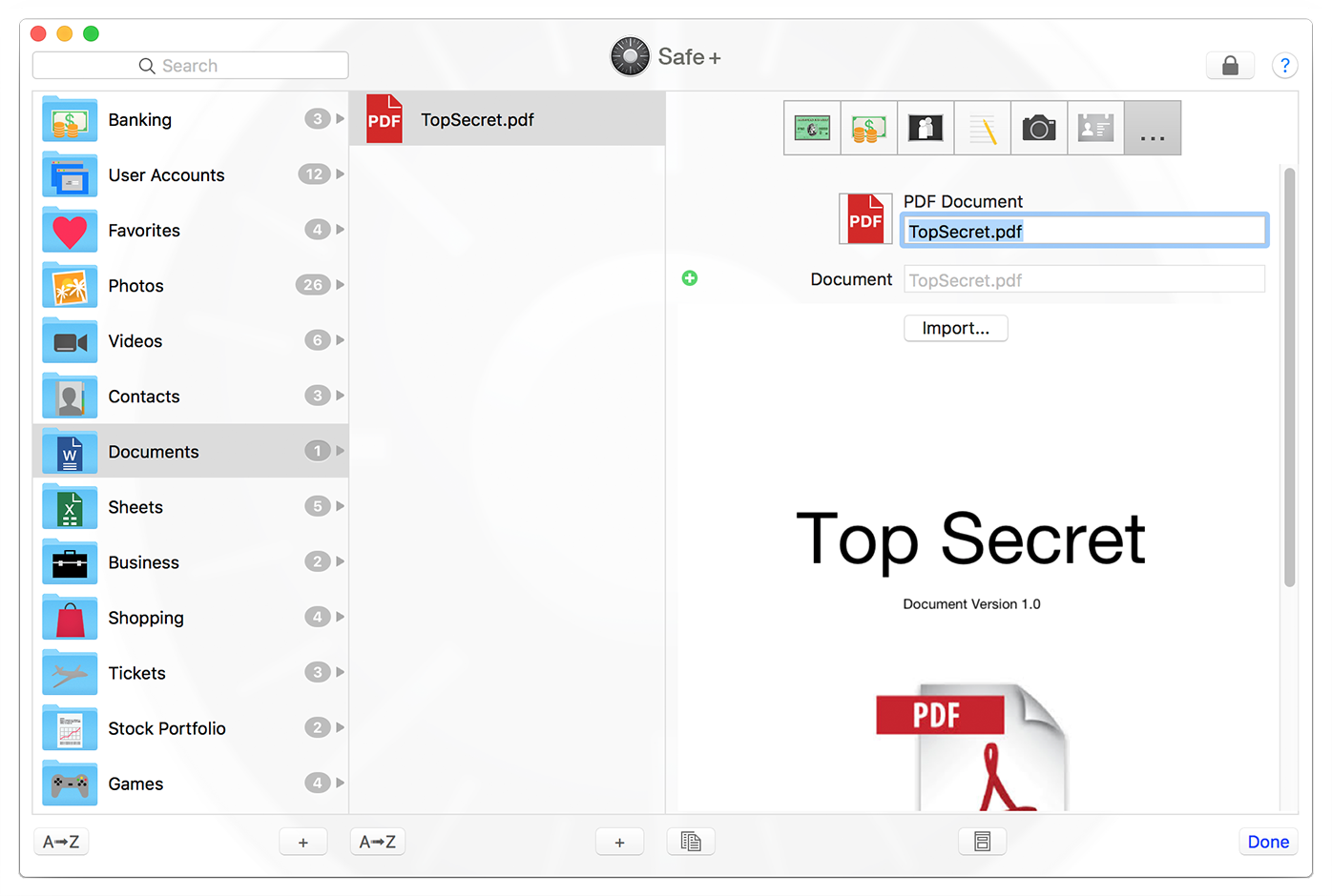 Safe + for Mac Create a Document.