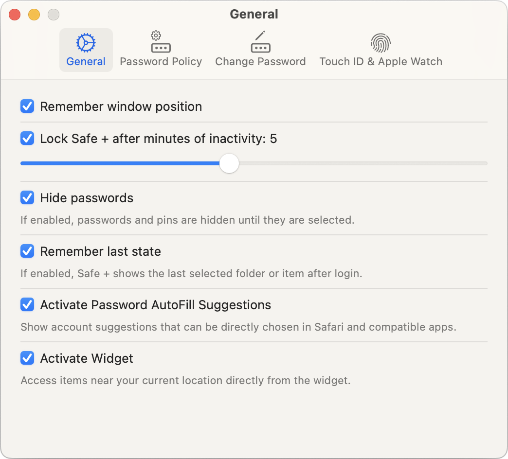 Safe + for Mac Settings.